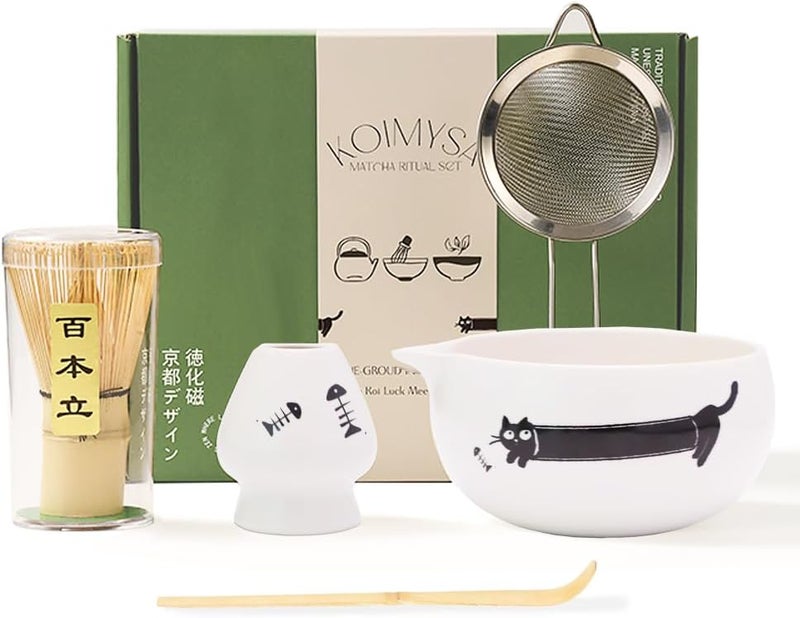 KOIMYSA Matcha Whisk Set Cat Themed, Cute Japanese Matcha Set Preparation Gift Kit Including Ceramic Bowl and Whisk Holder, Bamboo Scoop, Birthday Gift for Women Girls Wife, White - Image 1